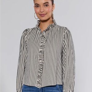 Avara Striped Ruffle Collar Blouse - Black and White